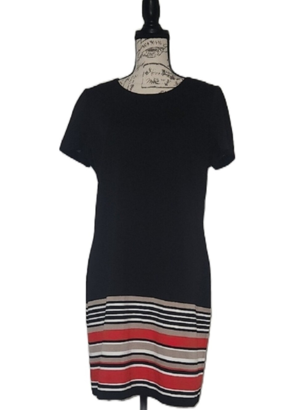 Calvin Klein Black and Red Striped Drop Waist Shift Midi Dress Size 14 EUC